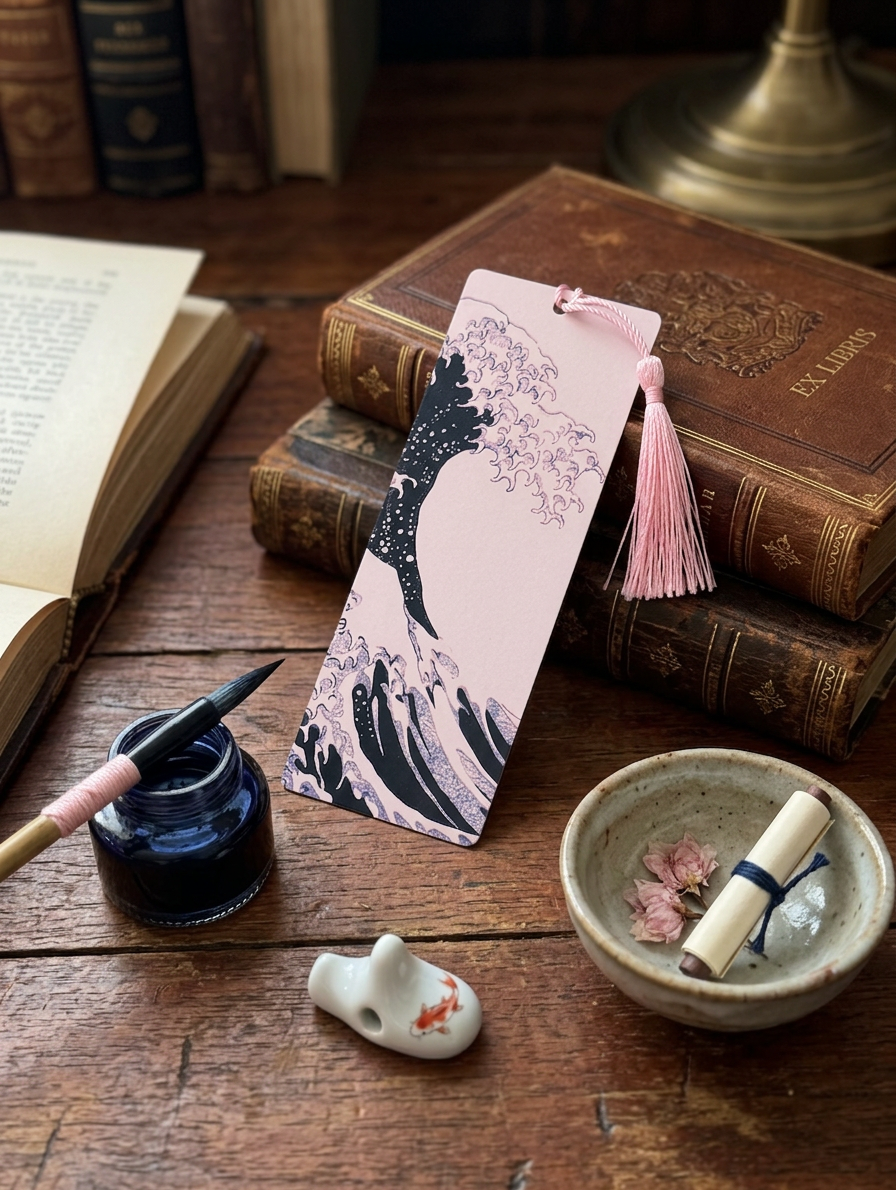 Marque-page "Vague Rose" - Inspiration Hokusai - Impression 3D en PLA avec pompon