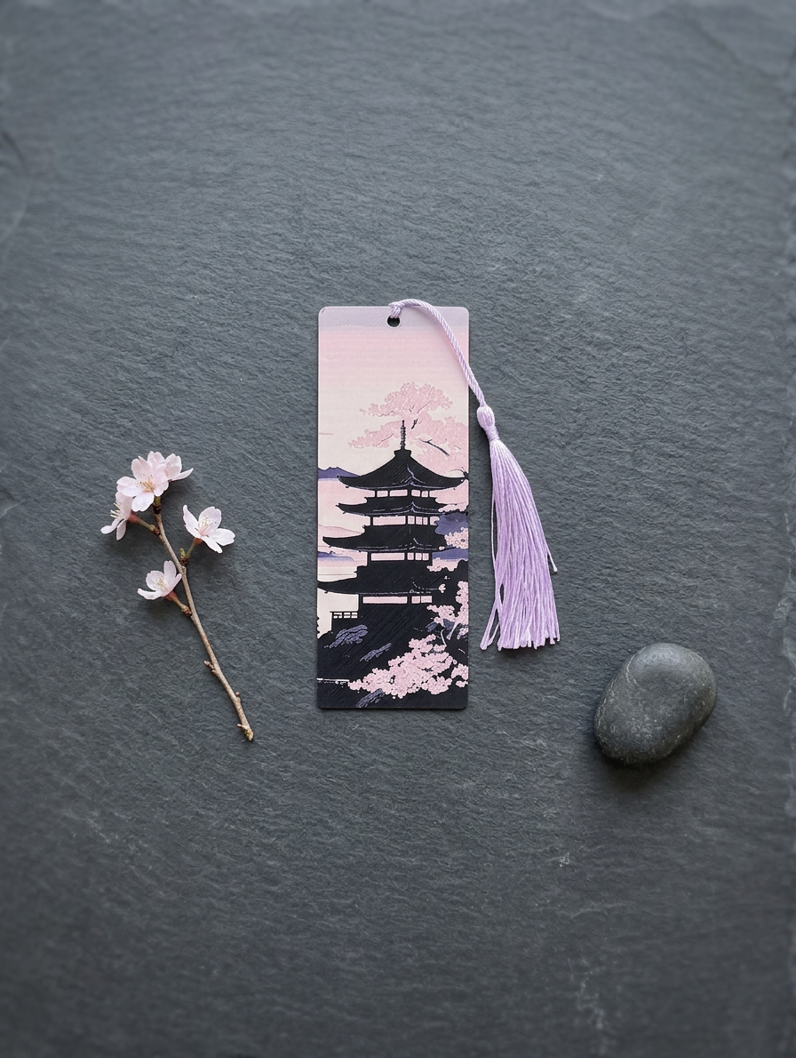 Marque-page "Pagode japonaise & Cerisiers en fleurs" - Impression 3D en PLA avec pompon