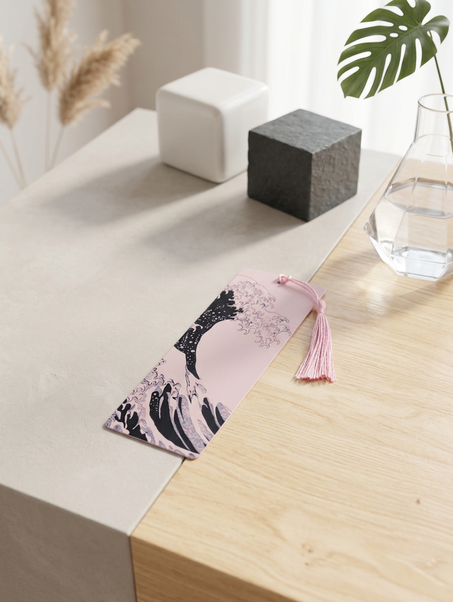 Marque-page "Vague Rose" - Inspiration Hokusai - Impression 3D en PLA avec pompon