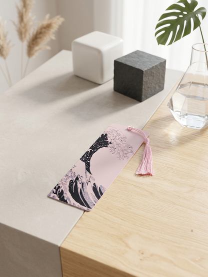 Marque-page "Vague Rose" - Inspiration Hokusai - Impression 3D en PLA avec pompon