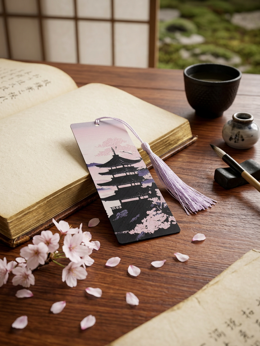 Marque-page "Pagode japonaise & Cerisiers en fleurs" - Impression 3D en PLA avec pompon